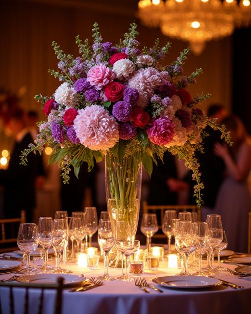 An elaborate floral centrepiece on a dining table at a gala event.